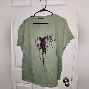 SHEIN Olive Green Short Sleeve Tee with Black Heart Graphic